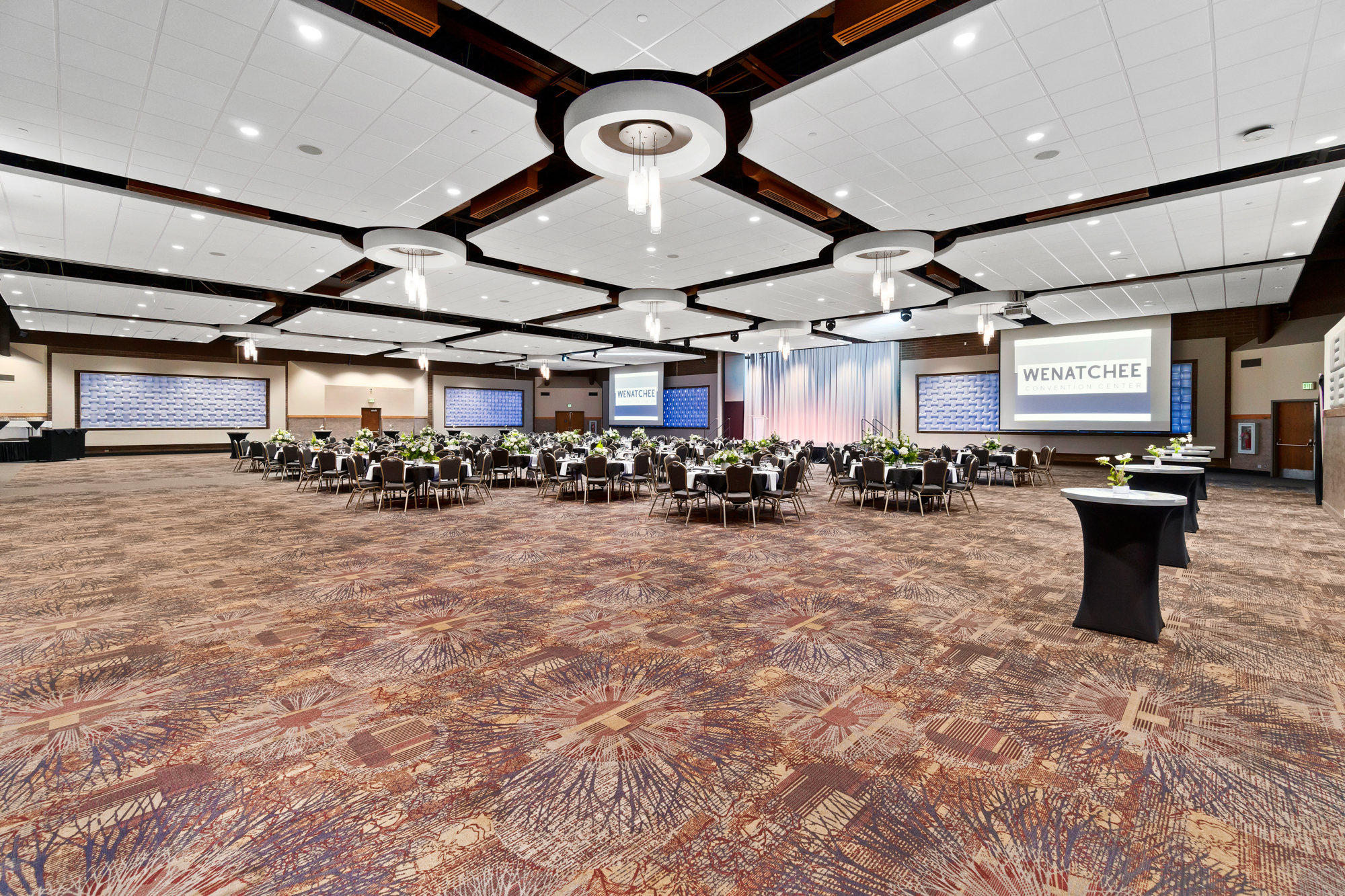 Spacious convention center set for an event.