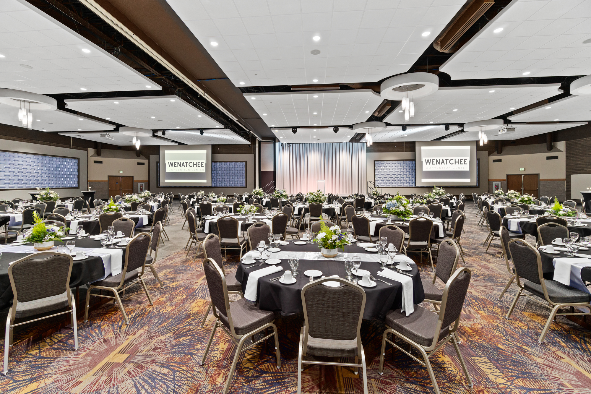 Banquet hall set up for an event.