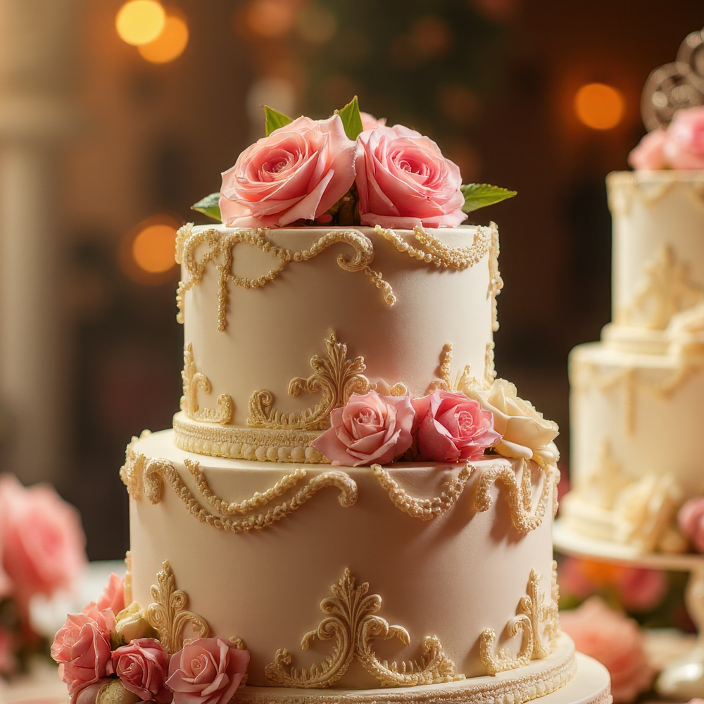 Elegant wedding cake with pink roses and gold details.