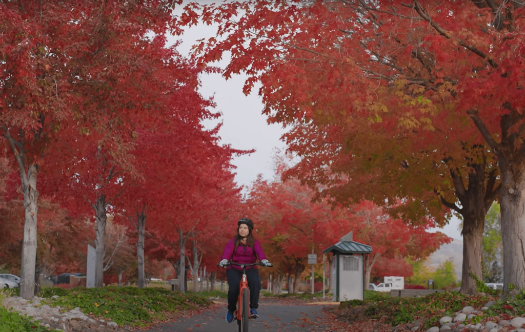 Woman biking through park with autumn trees