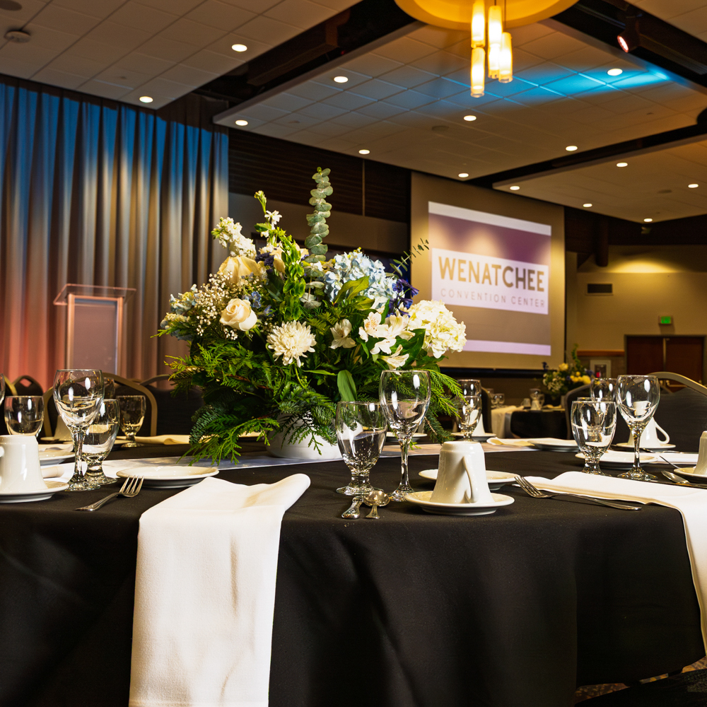 Elegant dining setup at Wenatchee Convention Center