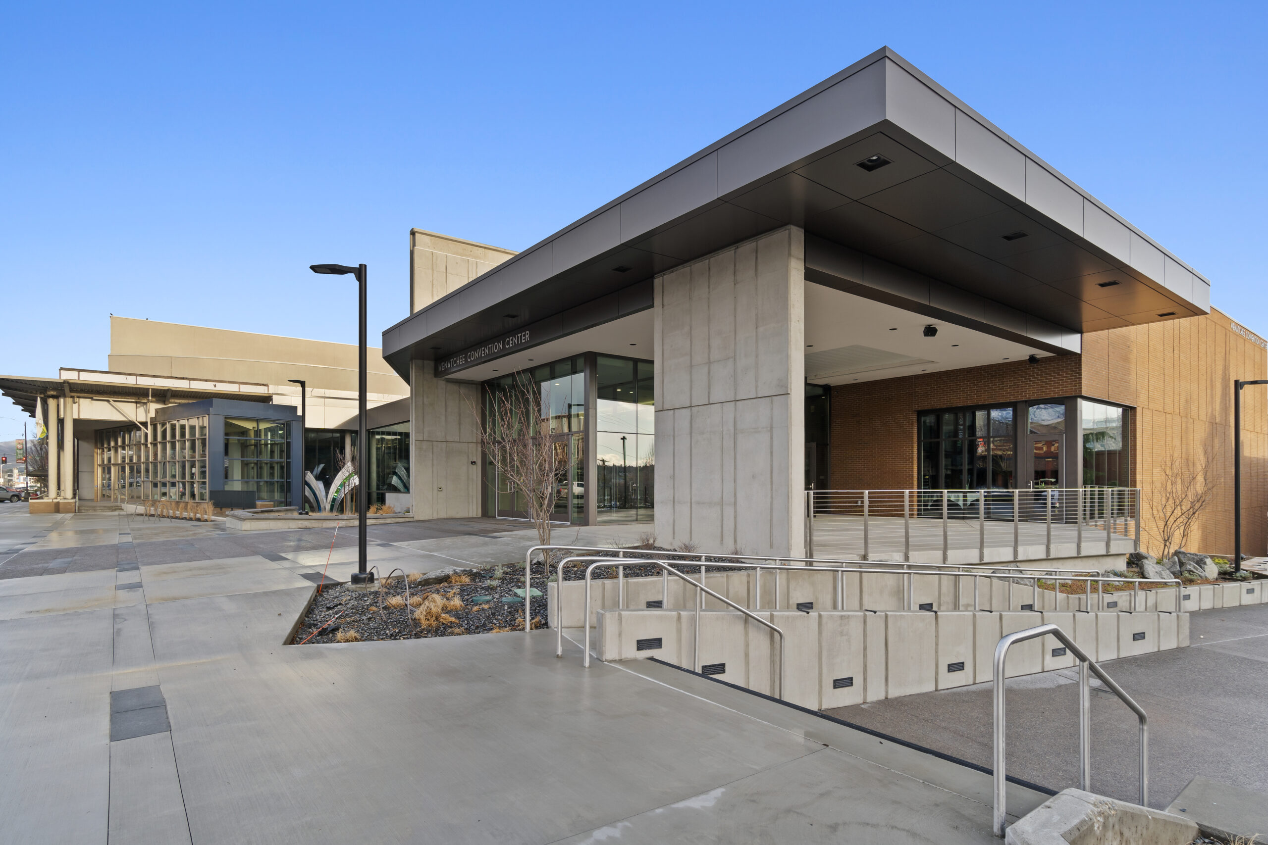 Modern convention center building entrance