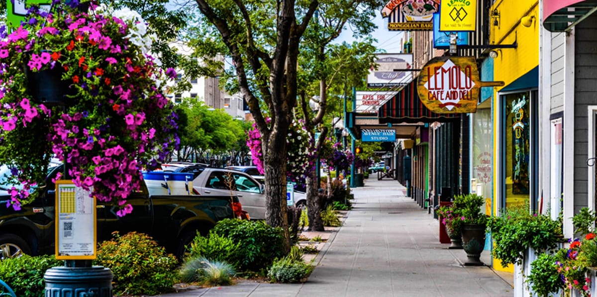Colorful flowers and shops on a busy street.