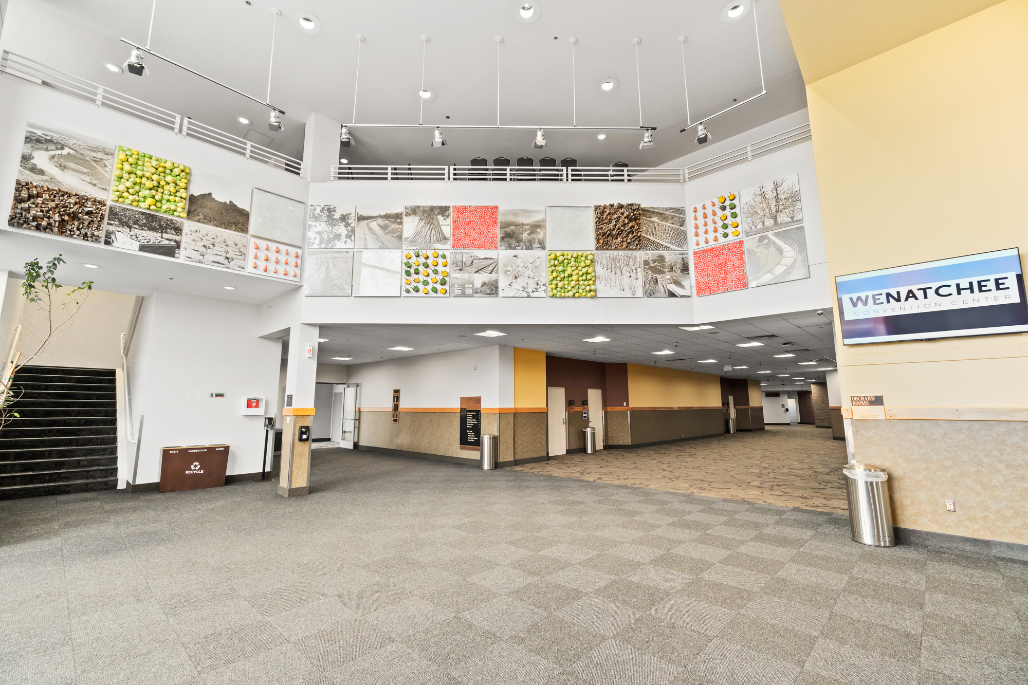 Spacious lobby with artwork at Wenatchee Convention Center.