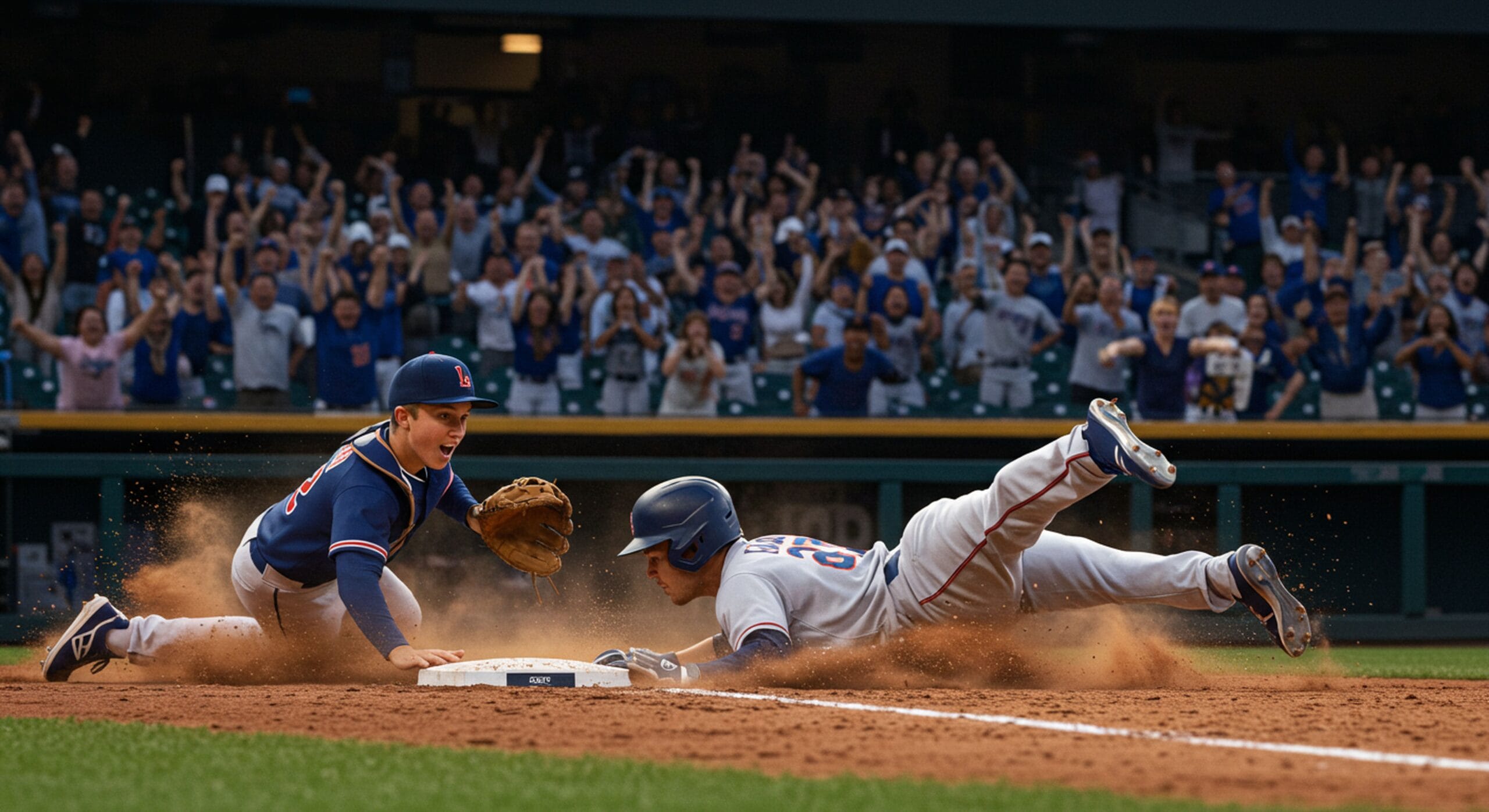 Baseball player sliding to base, crowd cheering.